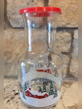 Vtg KIG Christmas Juice Carafe Pitcher Winter Wonderland Sleigh Cabin Red Lid